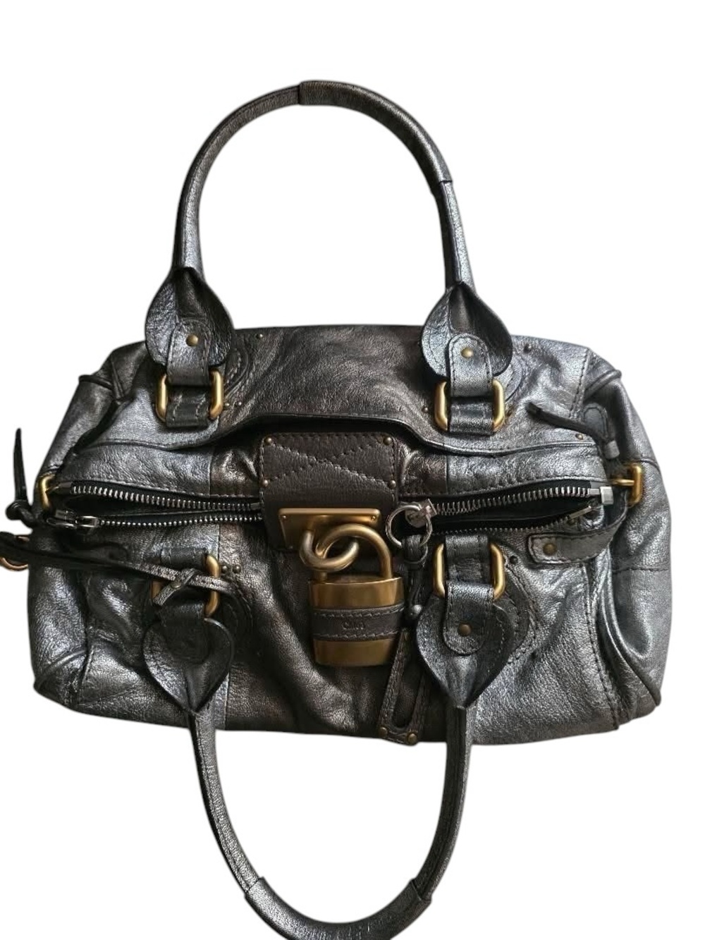 Auth RARE Chloe Paddington Two-Tone Metallic Silver gunmetal Leather Satchel COA - Picture 3 of 11